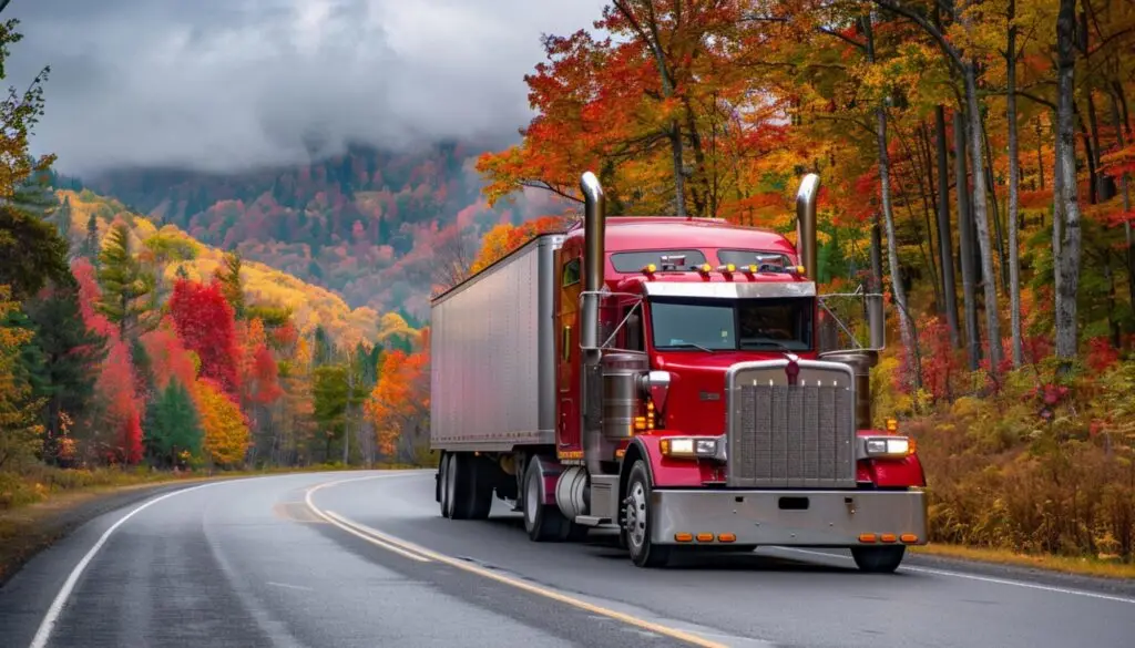 A red semi-truck hauling a trailer drives along a winding mountain road surrounded by vibrant autumn foliage