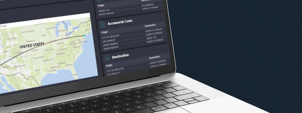 Laptop displaying a logistics analytics interface with a route map and cost details.