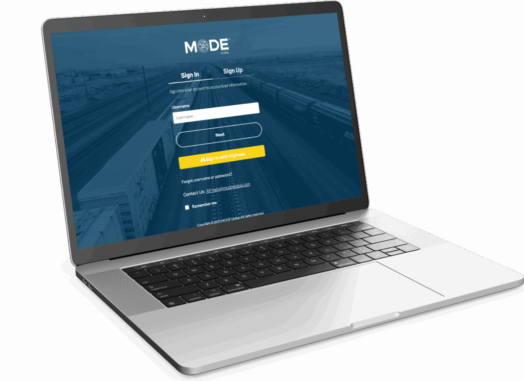 Laptop displaying the MODE Global platform sign-in screen