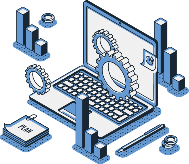 illustration of laptop gards charts and calendar