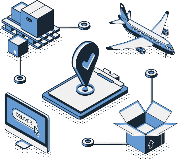 “Isometric vector illustration of a logistics and delivery network, featuring warehouse storage, air freight, package shipping, order confirmation, and location tracking icons, connected by nodes in a cohesive supply chain system, rendered in a blue and white color palette